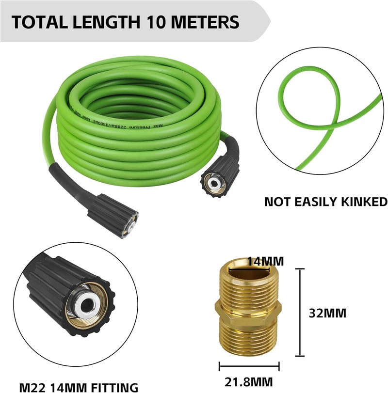 FSQLB Universal Pressure Washer Hose for Greenworks Power Washer 3300 PSI ，Replacement 5200402 for Greenworks Ryobi Electric Power Wash Hose with M22/14 Fittings (35 FT Green) - Image 2